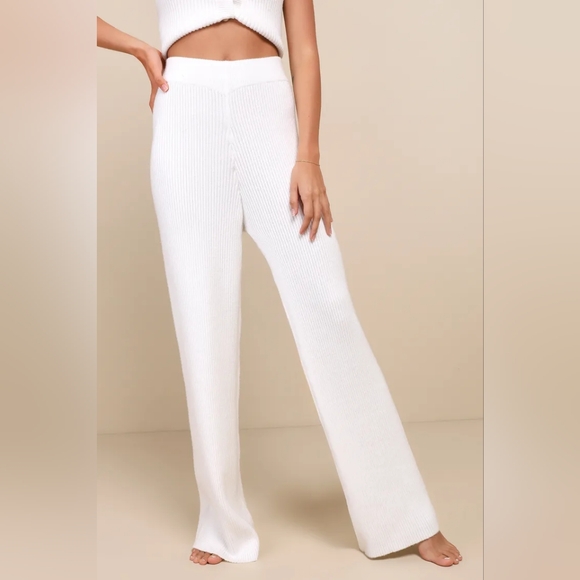 Lulus Sweater Pants - Cabincire BRAND NEW Ivory Ribbed Knit High Rise Wide Leg - Picture 2 of 11